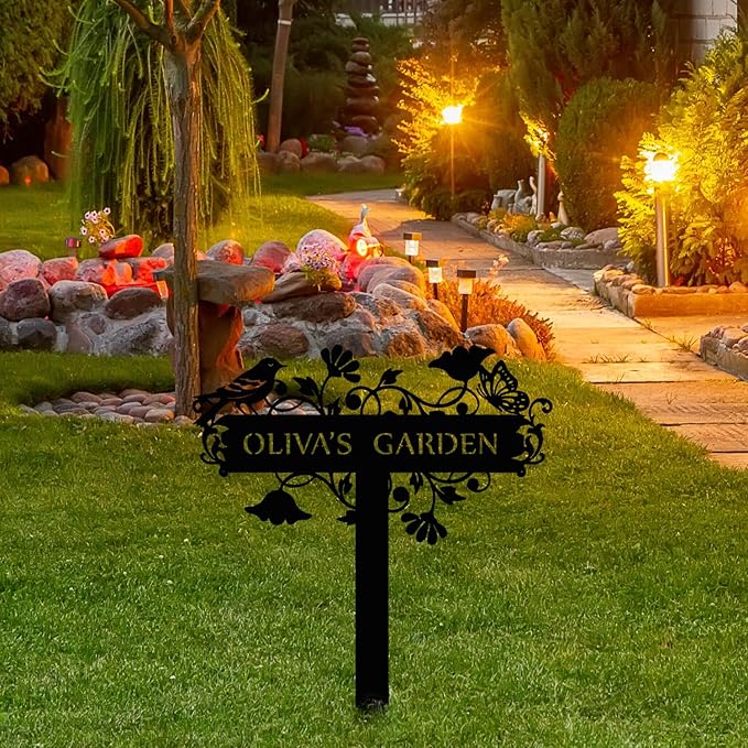 Customized Metal Birds and Flowers, Personalized Garden Sign with Stake, Gardening Decor for Outdoor, Patio and Farmhouse Decorations