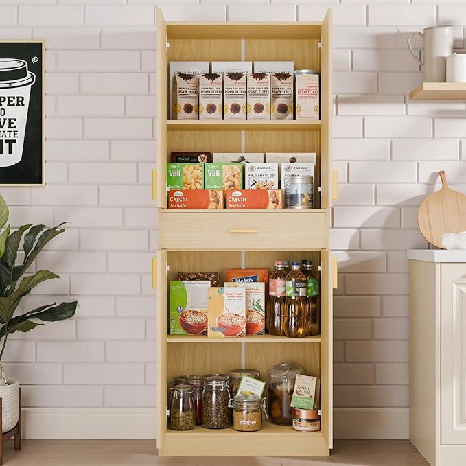 Cozy Castle Pantry Cabinet, 71" Tall Kitchen Storage Cabinet with Doors and Shelves, Freestanding Wood Cupboard Utility Hutch with Drawer for Dining Room Living Room Bathroom Furniture, Oak