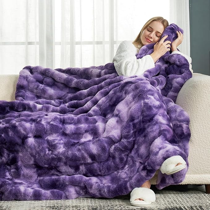 Cozy Bliss Faux Fur Throw Blanket for Couch, Fuzzy Soft Plush Thick Bubble Blanket for Sofa Bedroom Living Room, 50 * 60 Inches Tie-dye Purple