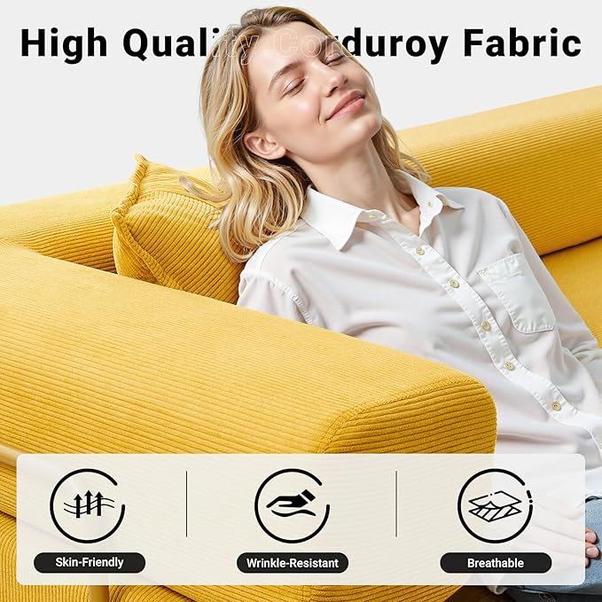 108" Oversized Convertible Sleeper Sofa Bed, Corduroy L Shape Sectional Couch, Folding Sofa Bed with Side Pocket, Modern Cloud Floor Mattress Couch, Modular Sofa for Living Room, Yellow