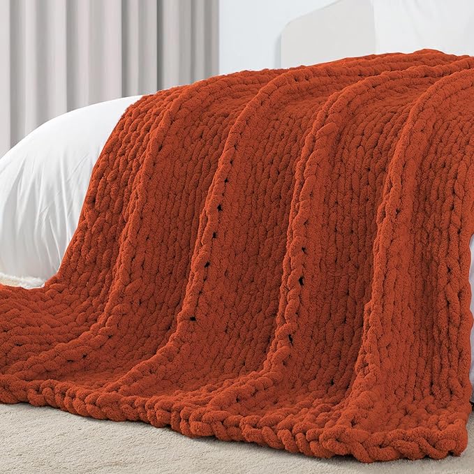 Carriediosa Chunky Knit Throw Blanket 50" X 60", 100% Hand Made Large Chenille Loop Yarn Soft Fluffy Throws for Couch Sofa Bed, Big Crochet Cozy Heavy Thick Cable Woven Blankets, Rust
