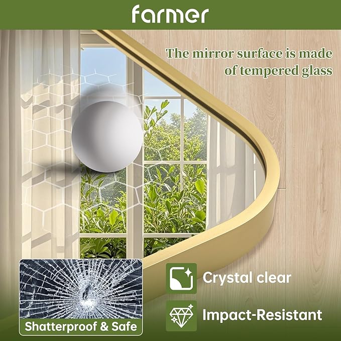 FARMER 24x32 Inch Gold Bathroom Mirror, Rectangle Vanity Mirror, Brushed Mirrors for Wall, Metal Frame Hanging Mirror with Round Corner for Bedrooms, Entryways, Living Rooms, Horizontal/Vertical