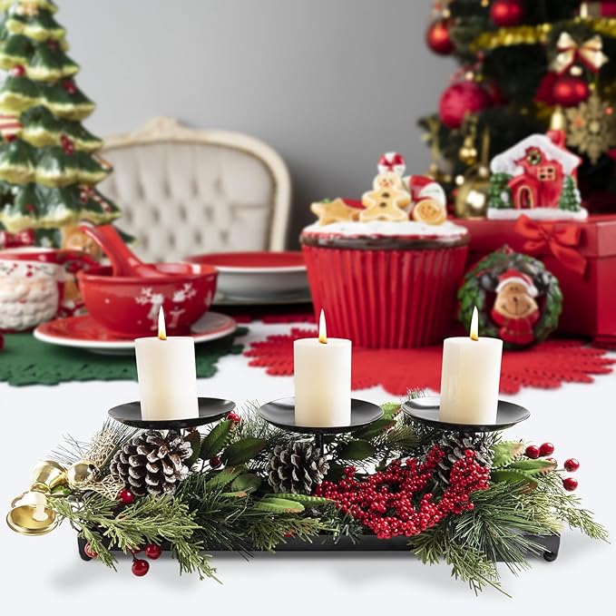 3 Pillar Black Metal Candle Holders for Table Centerpiece, Fall Thanksgiving & Halloween Dining Table, Fireplace Mantel Decor, Tray Candlestick for Living Room Rustic Decorations