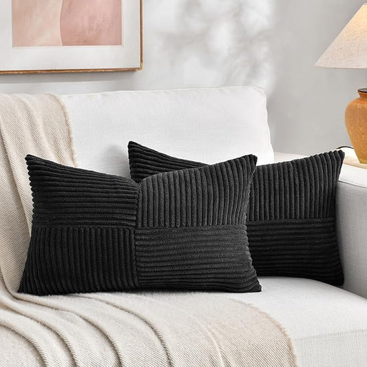 Fancy Homi 2 Packs Black Long Lumbar Decorative Throw Pillow Covers 12x24 Inch for Couch Bed Sofa, Rustic Farmhouse Boho Home Decor, Soft Striped Corduroy Rectangle Accent Cushion Case 30x60 cm