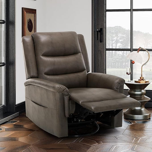 COLAMY Oversized Leather Recliner Chair, 360°Swivel Rocking Manual Recliner with Thick Cushioned Padding Backrest and Wide Seat - Lightbrown