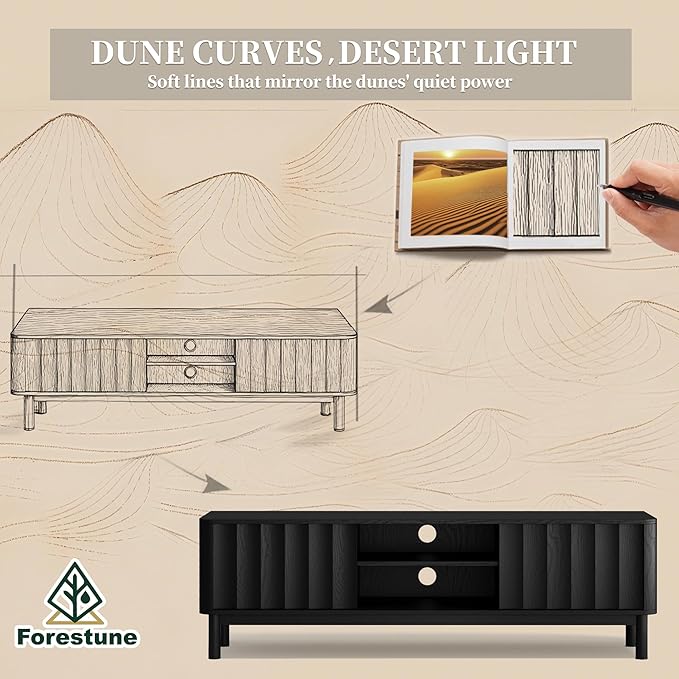 Black Mid Century Modern TV Stand, Wood Fluted Living Room TV Stands with Storage Sliding Doors, Desert-Inspired Design MCM Entertainment Center for 55 60 65 70 75 55+ 60+ 65+ 70+ Inch