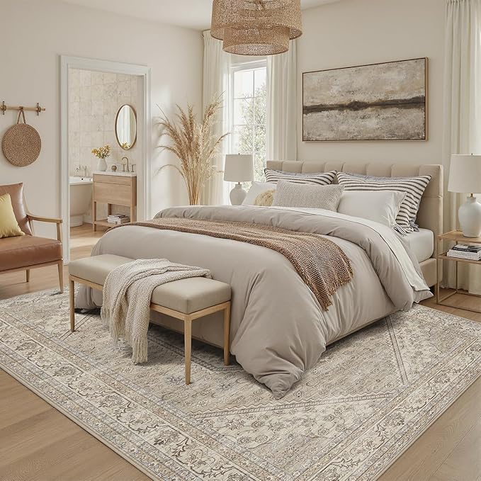 DCX Machine Washable Brown and Beige Area Rug 8x10, Non Slip Stain Resistant Vintage Floral Rug for Living Room Bedroom Nursery, Soft Low Pile Large Carpet