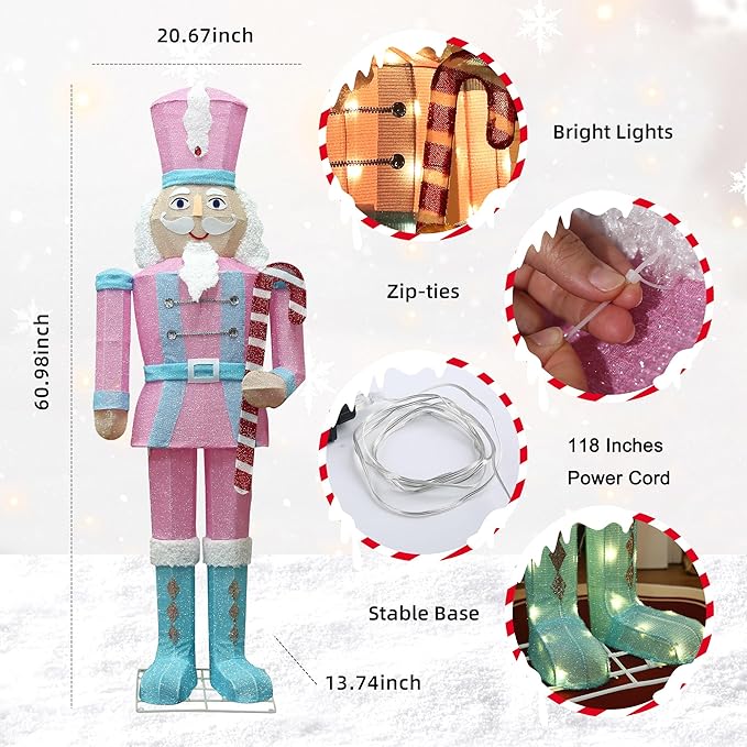 61Inch Nutcracker Christmas Decor Outdoor with LEDs 5 Feet Lighted Large Nutcracker Lighted Christmas Decorations Outdoor with Stakes & Zip Ties for Xmas Yard, Porch, Lawn