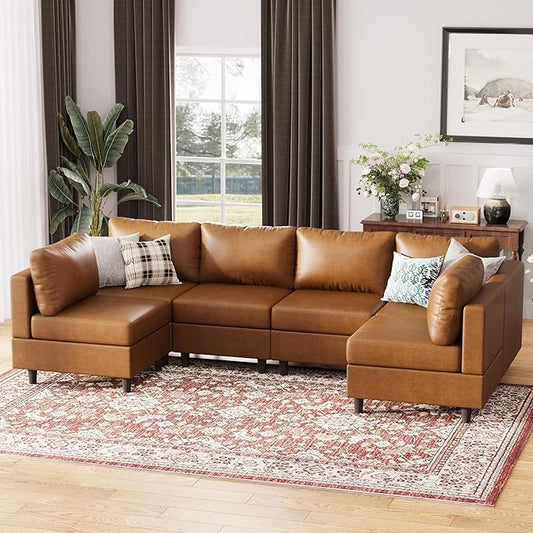 118.5" Faux Leather Modular Sectional Sofa with Storage Seat, Modern 6 Seater Couch Deep Seat with Removable Cover DIY Combination Brown