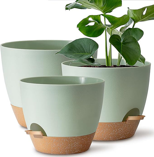 Giraffe Creation Plant Pots Set of 3 (12/10/9 inch), Self-Watering Indoor & Outdoor Flower Planters with Drainage Hole and Reservoir, Green