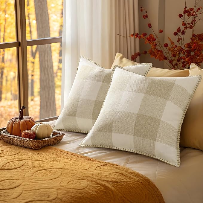 decorUhome Buffalo Plaid Check Fall Throw Pillow Covers 18x18 Set of 2, Outdoor Decorative Farmhouse Pillow Covers with Stitched Edge for Bed Couch Sofa, Cream White and Beige