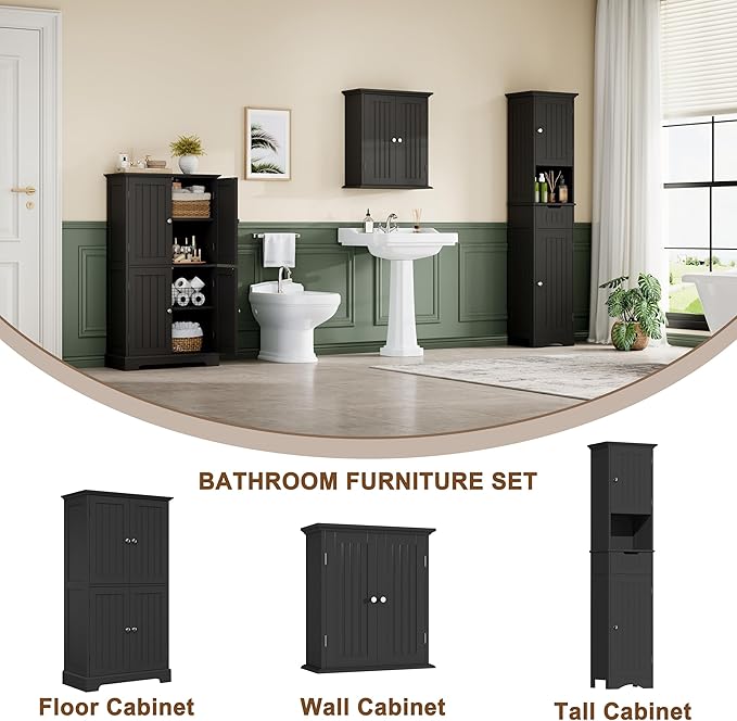 ChooChoo Bathroom Floor Cabinet, Modern Bathroom Storage Cabinet with 4 Doors and Adjustable Shelves, Freestanding Cupboard for Living Room, Black