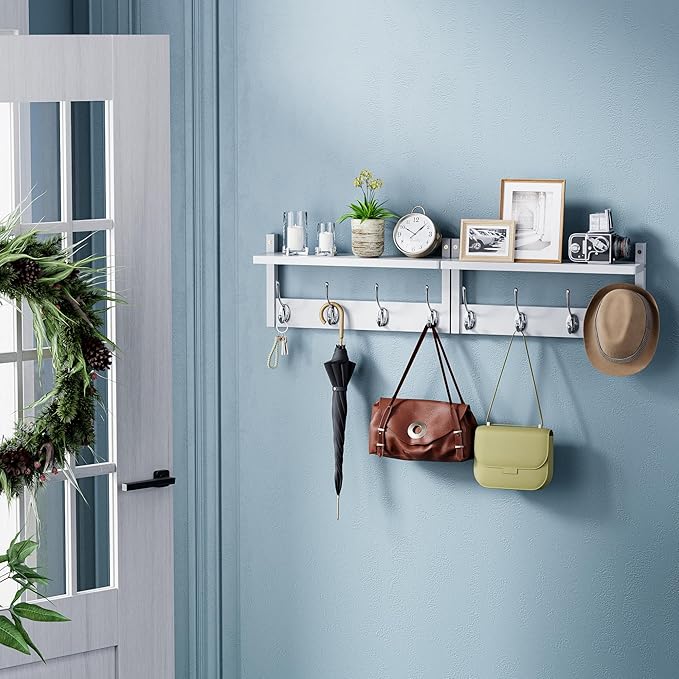 2 Pack Coat Rack Wall Mount, Bamboo Coat Hook with Storage Shelf, Coat Hanger with 8 Dual Hooks, Wall Floating Shelf for Entryway Hallway Kitchen, Bathroom, Bedroom (White+Slive)