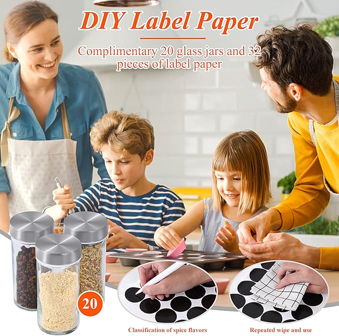 DOUBLE 2 C Revolving Spice Rack with 20 Jars, Rotating Spice Rack Organizer, Seasoning Organizer with Labels, Stainless Steel Spice Carousel for Kitchen Countertop, Cabinet