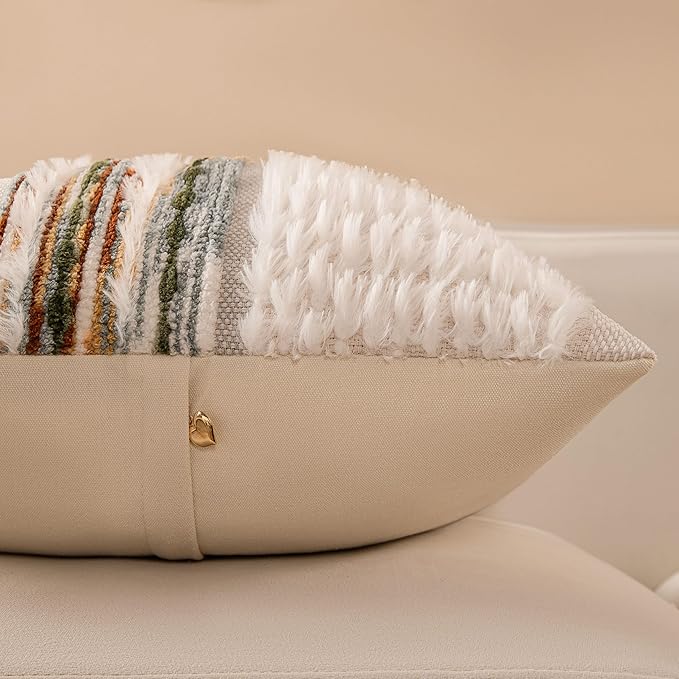 Boho Chenille Tufted Couch Throw Pillow Covers 18x18 Inch Set of 2 Farmhouse Striped Decorative Pillow Covers Accent Neutral Pillowcase Forest Cushion Cover for Living Room Sofa Bed