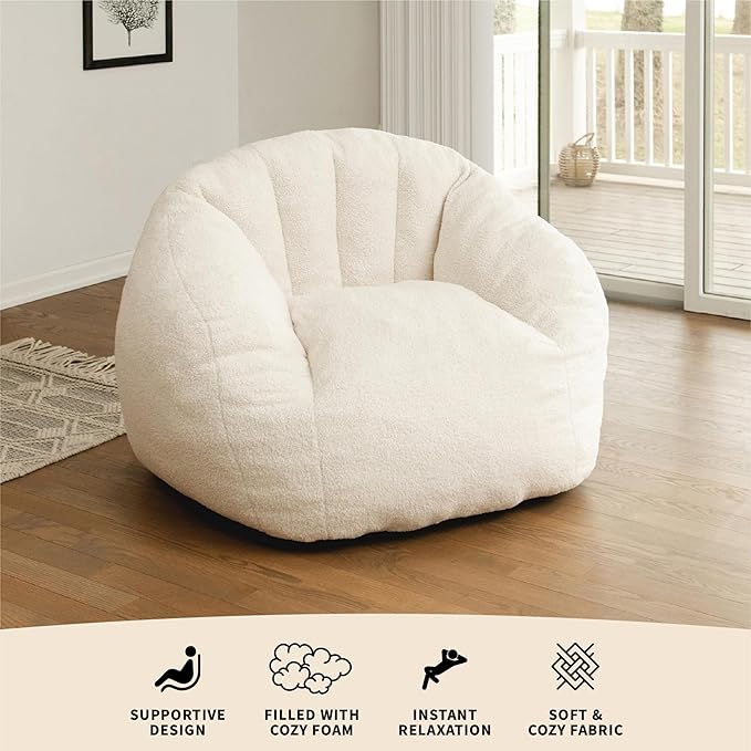 Big Joe Cloudberry Foam-Filled Structured Bean Bag Chair, Icing Teddy Boucle