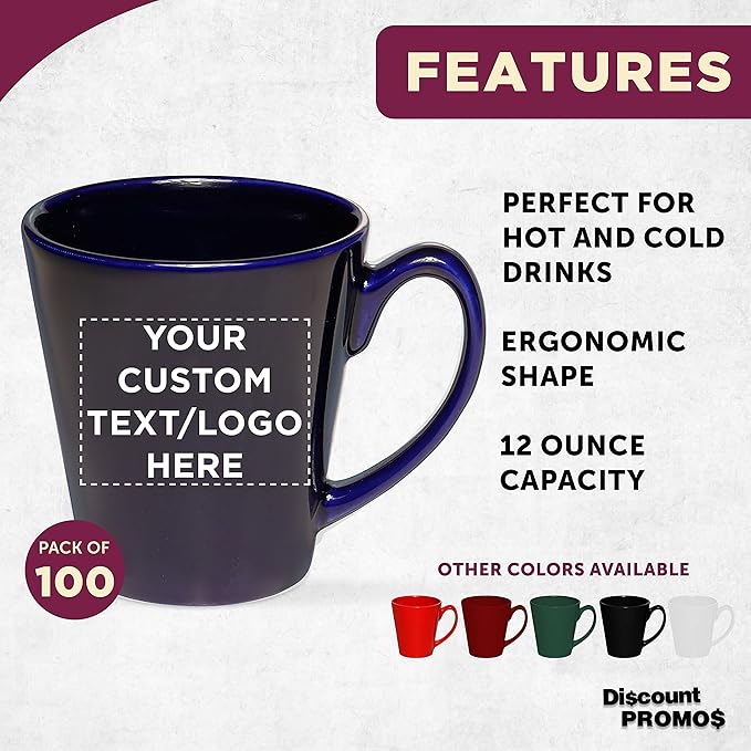 DISCOUNT PROMOS Custom Glossy Ceramic Latte Coffee Mug 12 oz. Set of 100, Personalized Bulk Pack - Perfect for Tea, Espresso, Cappuccino, Hot Cocoa - Blue