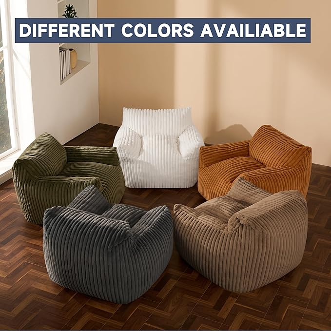 Giant Bean Bag Chairs for Adults, Oversized Chaise Lounge Chair Indoor with Memory Foam - Plush Boneless Lounger & Ottoman for Bedroom, Living Room, Gaming & Reading, Lazy Floor Sofa Chair, Khaki