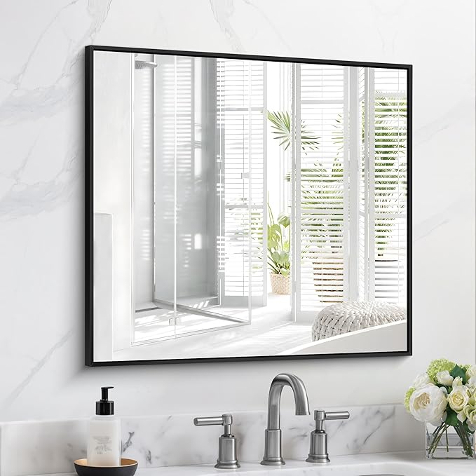 Black Bathroom Mirror for Wall, 30x30 Inch Rectangle Mirrors with Metal Frame, Modern Vanity Wall Square Mirror for Bathroom Living Room, Entryway Hangs Horizontal or Vertical