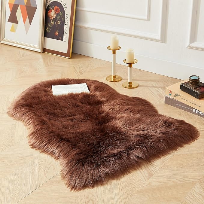AMTOVO Faux Fur Rug, Coffee Small Area Rug, Fluffy Sheepskin Rug, Fuzzy Ultra Soft 2 x 3 ft Shag Rugs for Bedroom Sofa Throw Cushion Room Decor, Sheepskin