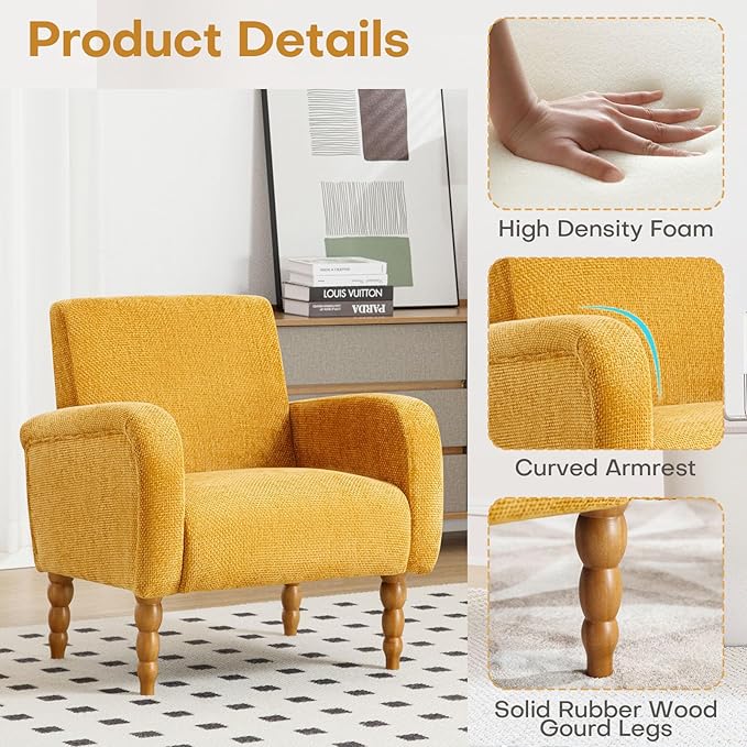 Chenille Fabric Accent Chair, Upholstered Armchair with Solid Wood Legs, Modern Living Room Accent Chair, Comfy Single Sofa Chair Reading Club Chair for Bedroom Reception Lounge, Yellow