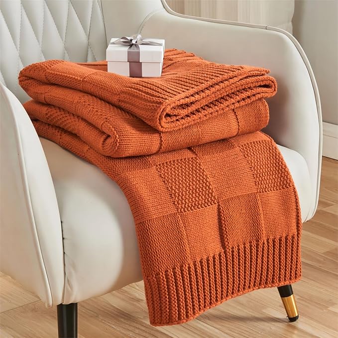 CozeCube Check Knit Throw Blanket, Rust Orange Checkered Throw for Couch, Decorative Christmas Soft Cozy Warm Knitted Blanket for Bed Sofa Living Room, 60"X80"