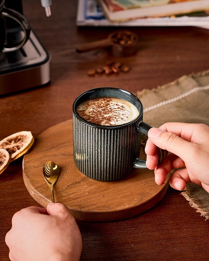 famiware Coffee Mug Set for 4, Star 12 oz Catering Mugs Cup Set with Handle for Coffee, Tea, Cocoa, Milk - Ceramic Stoneware Drinkware Set, Deep Forest