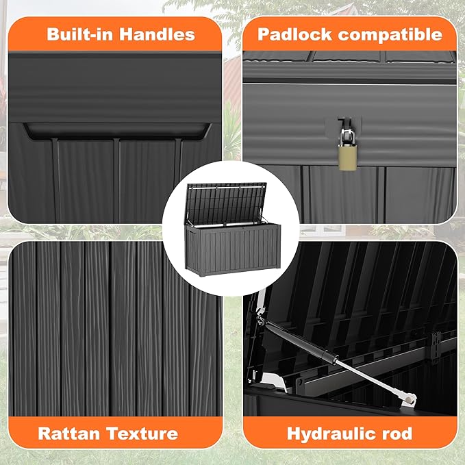 150 Gallon Deck Box,Resin Outdoor Storage Box with Lockable for Patio Furniture, Pool Accessories, Garden Tools Waterproof Outside Storage Box, Black