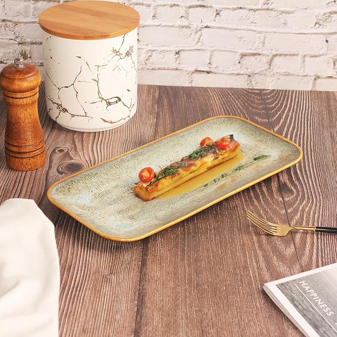 Ceramic Dinner Plates Dish Set, Set of 4, Microwave Oven and Dishwasher Safe,Scratch Resistant, Dinnerware Kitchen Porcelain Serving Dishes Brown glaze change, 12.4 Inch Rectangle plate