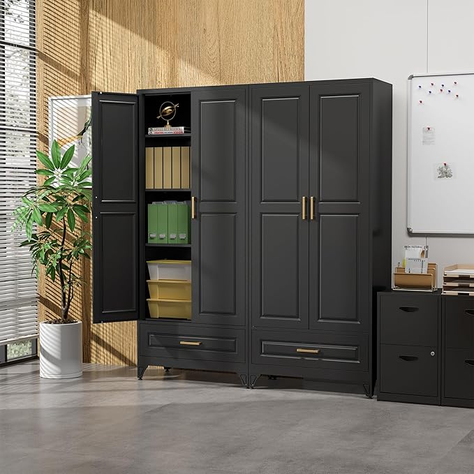 75" Kitchen Pantry Cabinet with Drawer, Metal Storage Cabinets with Doors and 4 Adjustable Shelves,Black Kitchen Cabinet with 2 Gold Handles,Food Cupboard for Livingroom,Pantry