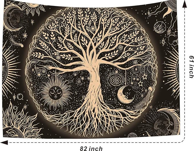 FORATER Tree of Life Tapestry Wall Hanging Sun Moon Stars Tapestries Aesthetic Galaxy Wall Tapestry Nature Home Decoration for Living Room Bedroom(61 x 82 Inch, Black and Gold)