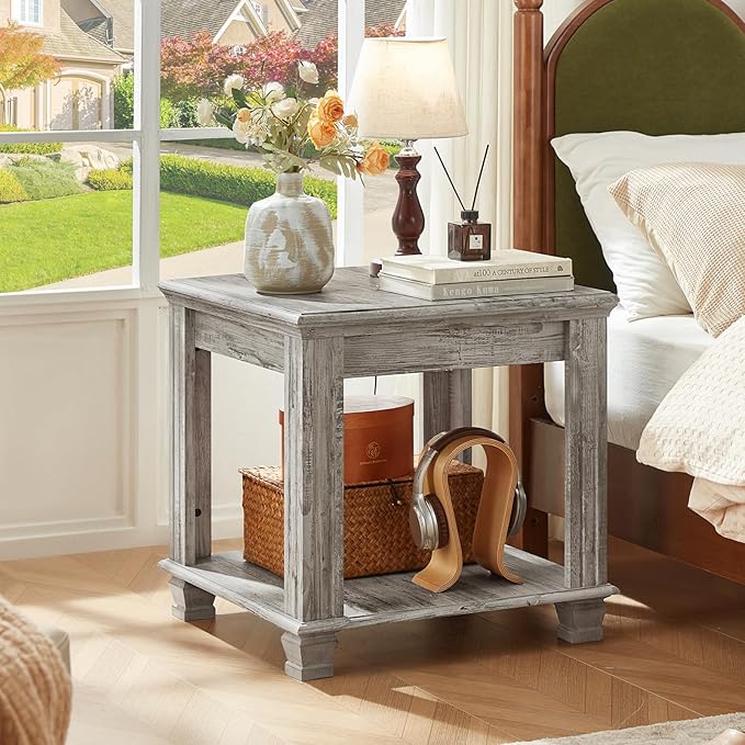 Farmhouse End Table,Large Side Table with 2-Tier Storage Shelf,Rustic Wood End Tables for Living Room,Square Tea Table,Gray