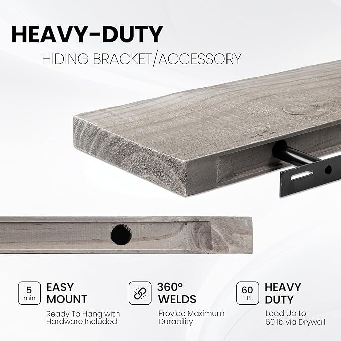 Fun Memories Floating Shelves for Wall Decor, 36"x8" Rustic Reclaimed Wood Shelves, Heavy-Duty Wall Mounted Shelves with Invisible Brackets, Set of 2for Living Room, Bedroom, Kitchen, Grey Finish