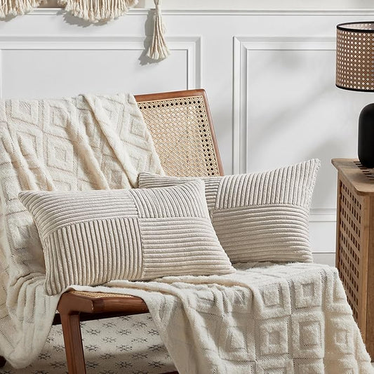 Fancy Homi 2 Packs Neutral Taupe Lumbar Decorative Throw Pillow Covers 14x24 Inch for Living Room Couch Bed Sofa, Farmhouse Home Decor, Soft Striped Corduroy Rectangle Accent Cushion Case 35x60 cm