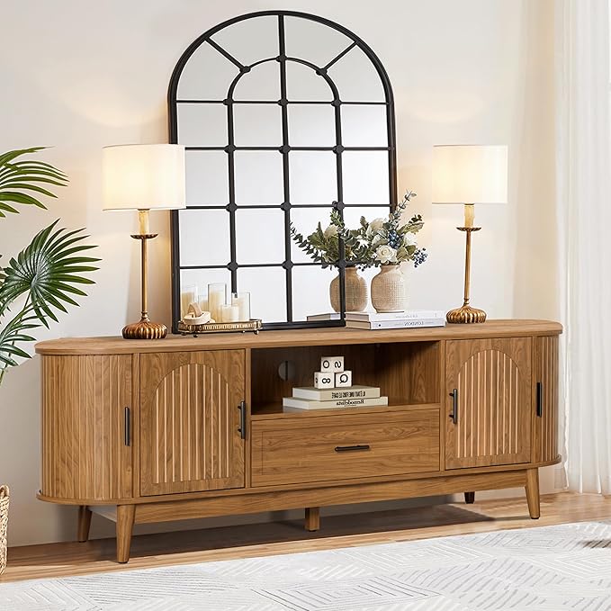 63" Fluted TV Stand for Tvs up to 70", Mid-Century Modern Entertainment Center with Drawers and Fluted Doors, Curved TV Media Console Table with Sliding Doors for Living Room, Bedroom (63")
