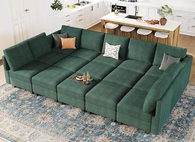 Belffin Large 15 Seat Modular Sectional Sofa with Storage Seat Corduroy Sleeper Sectional Sofa Bed Oversized Convertible Modular Couch for Living Room Green