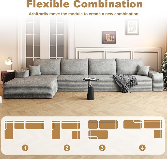 136" Sectional Couches for Living Room Modern Modular Sofa with L-Shape Couchs Upholstered Boneless Couch Deep Seat Sectional Couch with Chaise (Grey, Left Facing Chaise+3Seaters)