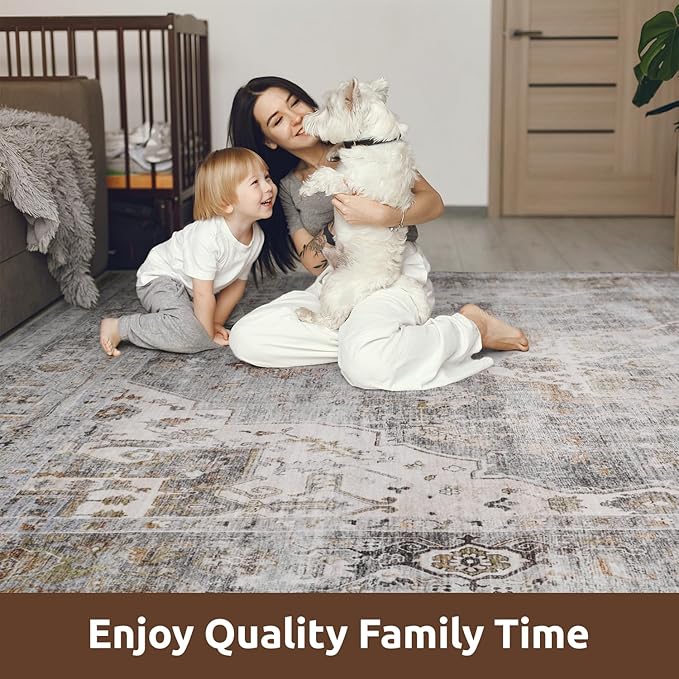 AMOAMI-2X10 Runner Rug-Washable Runners for Hallways-Soft Non Slip Bedside Rugs for Bedroom-Vintage Long Rug for Hallways Entryway Laundry Room Stair Kitchen Bathroom Grey