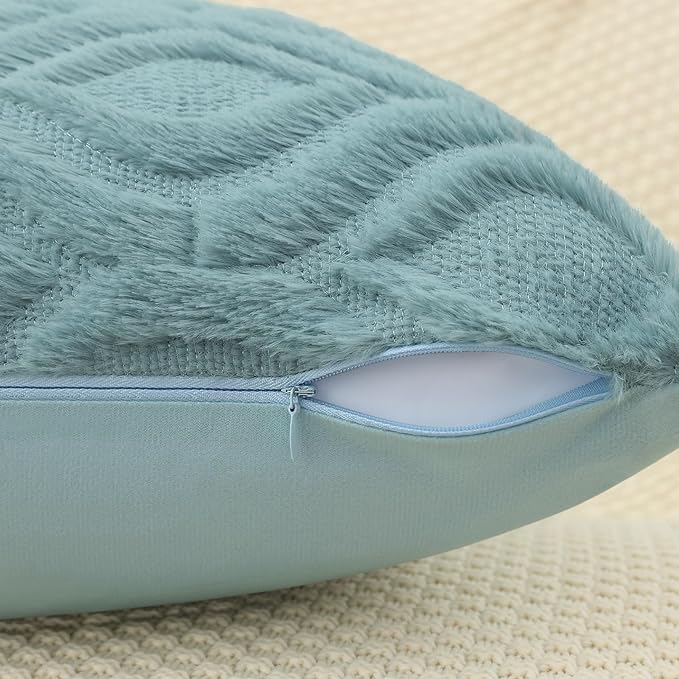 decorUhome Fall Throw Pillow Covers 24x24 Inch Set of 2, Soft Plush Decorative Faux Fur Aqua Solid Couch Pillow Covers, Accent Farmhouse Neutral Square Euro Pillow Cases for Sofa Bed Living Room
