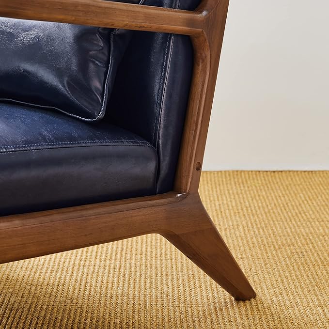 Glitzhome 2 Set Mid Century Navy Blue Accent Armchair, Single Reading Armchair PU Leather Lounge Chair with Walnut Ruberwood Frame