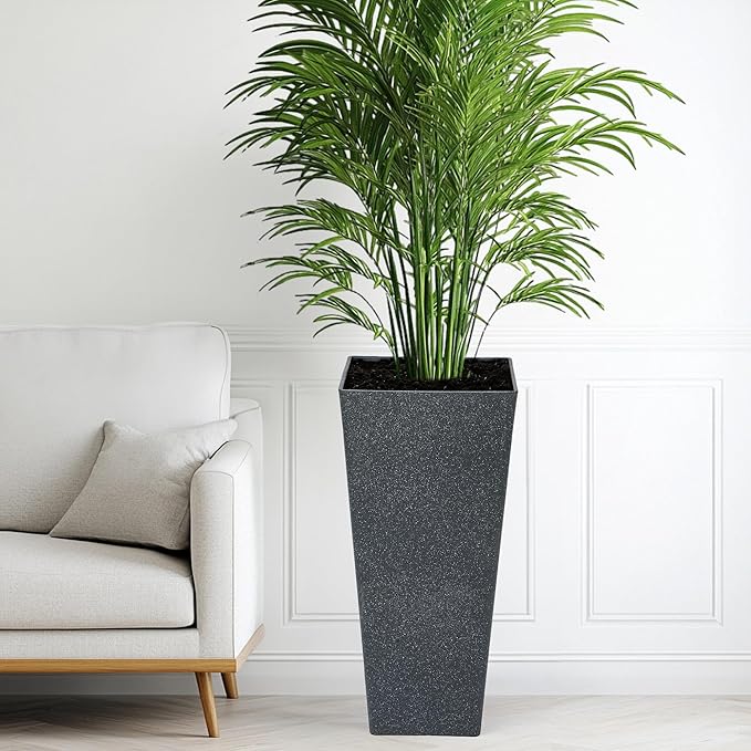 28" Large Tall Square Planters for Outdoor Plants, Set of 2 V-Shaped Planter Box with Black Terrazzo Look, Durable and Weather Resistant, Ideal or Garden, Patio, Porch or Home use.
