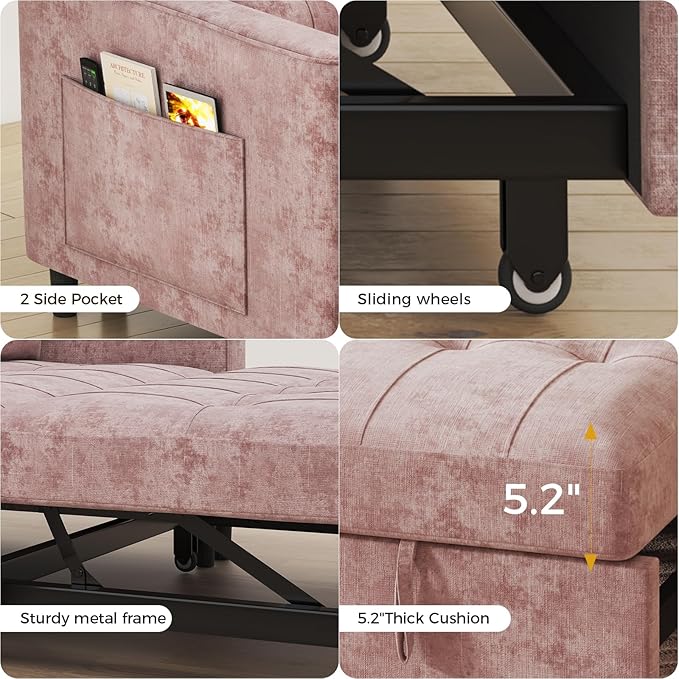 3 in 1 Convertible Sleeper Sofa Bed, Pull Out Couch Bed with Adjustable Backrest, Chenille Loveseat Couches with Side Pocket for Living Room, Bedroom (Pink)