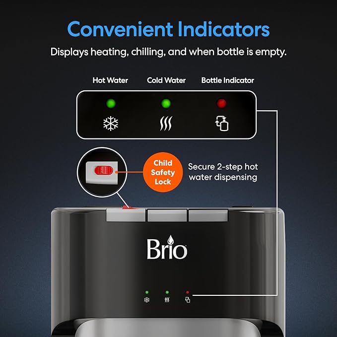 Brio Bottom Loading Water Cooler Dispenser for 5 Gallon Bottles - 3 Temperatures with Hot, Room & Cold Spouts, Child Safety Lock, LED Display with Empty Bottle Alert, Stainless Steel