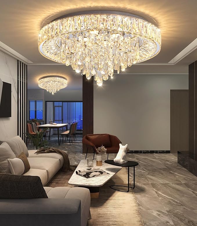23.6'' Modern Crystal Chandeliers LED Dimmable Flush Mount Ceiling Chandeliers for Living Room Entrance Foyer Bedroom Silver