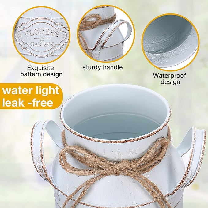 6 Inch Farmhouse Vase Decor Milk Can Vintage Flower Jug Galvanized Metal Vase with Handle Rustic Flower Buckets for Thanksgiving Christmas Table Centerpiece Weddings Gifts(Retro White,16 Pcs)