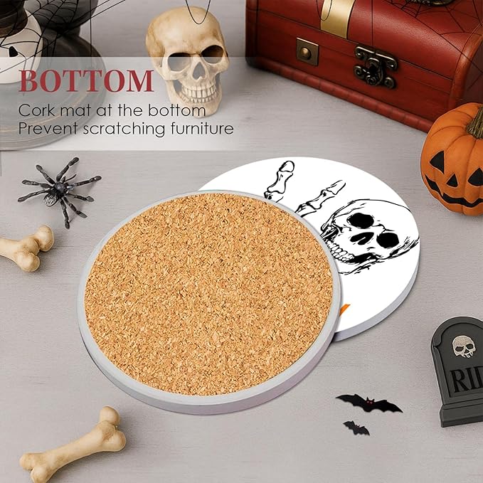 Coaster for Drinks Set of 6, Happy Fall Absorbent Round Ceramic Stone Mat, with Cork Base and Metal Holder