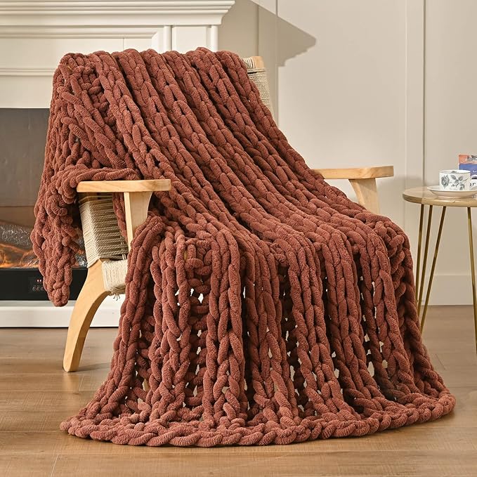 Esterra Chunky Knit Blanket Throw, 100% Handmade Chenille Throw Blanket 50"x60", Soft Thick Yarn Cable Knit Crochet Throw Blanket Rope Knot Throw for Couch Bed Sofa, Copper Brown