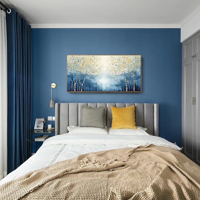 amatop Large Framed Abstract Canvas Wall Art Navy Blue Art Print Modern Nature Tree of Life Artwork Birch Contemporary Landscape Picture for Office Living Room Bedroom Hallway Home Decor 48x24 Inch