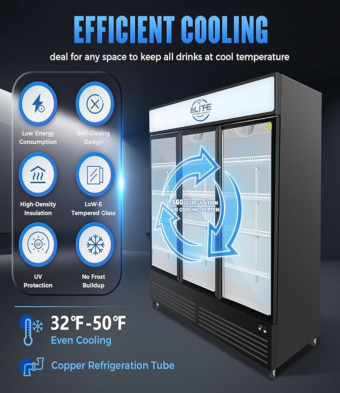 Commercial 3-Door Display Refrigerator, 49.8 cu.ft, LED Lighting, Dynamic Cooling, ETL Listed, Black GDC-42