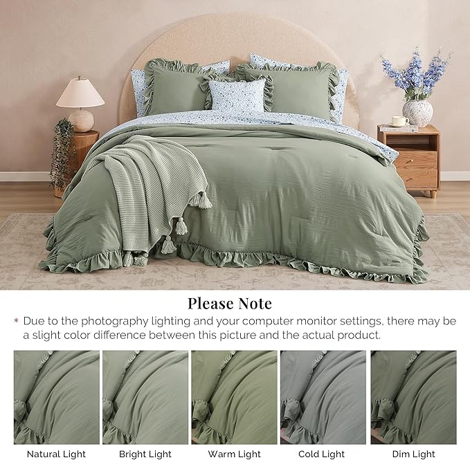 Full Comforter Set - 7 Pieces Ruffle Sage Green Bedding Sets, Shabby Chic Farmhouse Bed in a Bag Full with Ruffle Comforter, Floral Sheets, Pillowcases & Shams